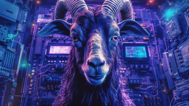 Foto un poster viola e blu di una capra con le corna