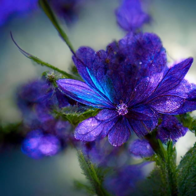 Purple and blue realistic flowers with green stems and leaves