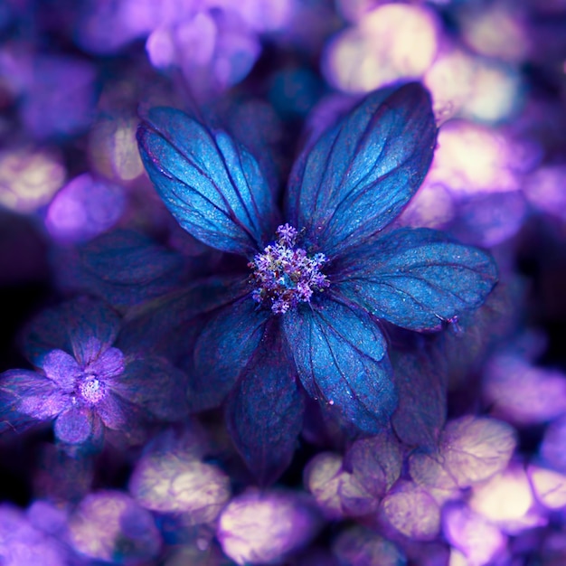 줄기와 잎이 있는 보라색과 파란색의 사실적인 꽃