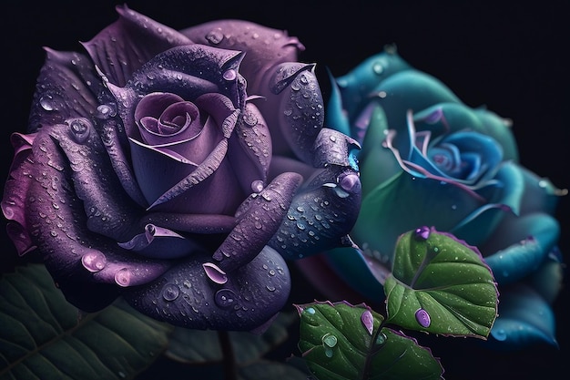 A purple and blue roses with green leaves