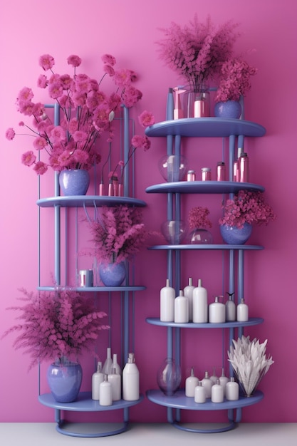 purple and blue shelves with vases and candles on them generative ai