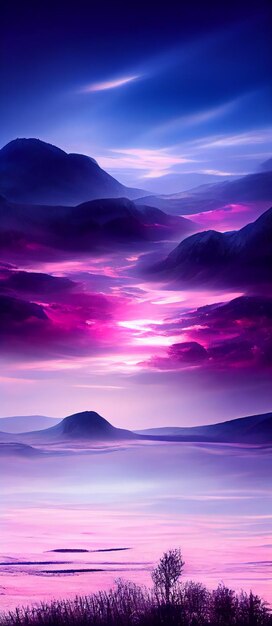 Purple and blue sky with mountains in the distance generative ai