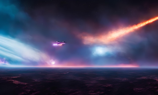 Пурпурное и голубое небо с самолетом, летящим в небе.