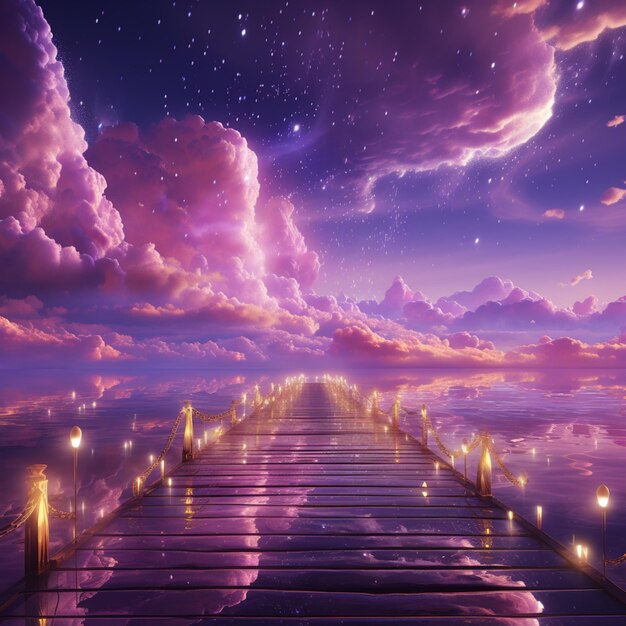 purple and blue sky with stars and clouds and a pier generative ai