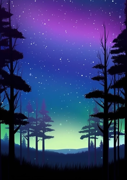 a purple and blue sky with stars and trees in the foreground generative ai