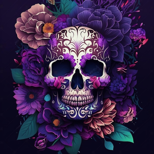 purple and blue sugar skull surrounded by flowers on a black background generative ai