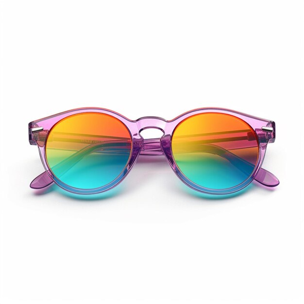 Purple and blue sunglasses with a rainbow lens on a white background generative ai