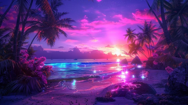 紫と青の夕暮れ 海の上の 棕の木と ビーチのジェネレーティブ アイ