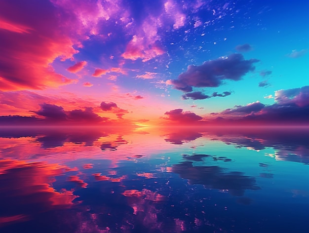 Purple and blue sunset with clouds reflected in water generative ai