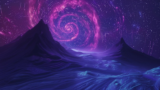 Photo purple and blue swirly background with a mountain and a river generative ai