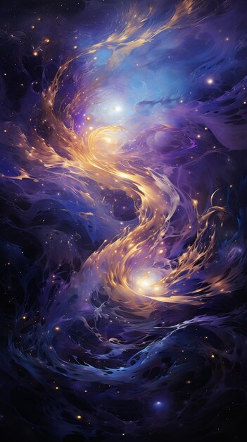星と明るい光の生成 AI を使用した紫と青の渦巻き模様の絵