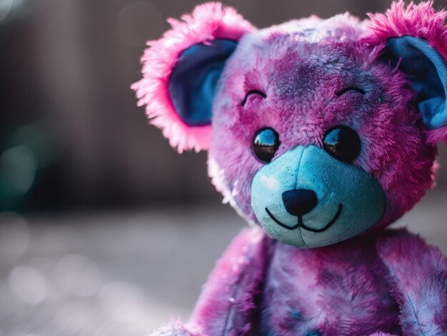 A purple and blue teddy bear sitting on a bed generative ai image