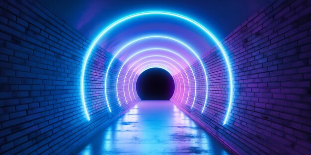 빛나는 빛이 있는 보라색과 파란색 터널