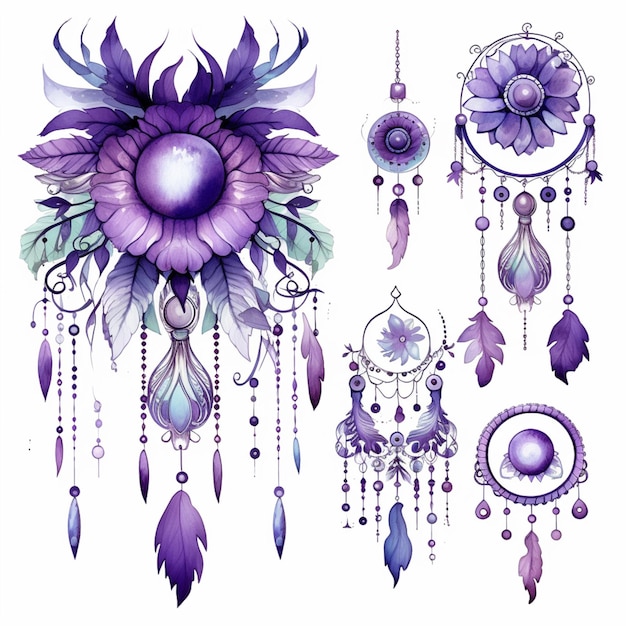 Purple and blue watercolor dream catchers with feathers and beads generative ai