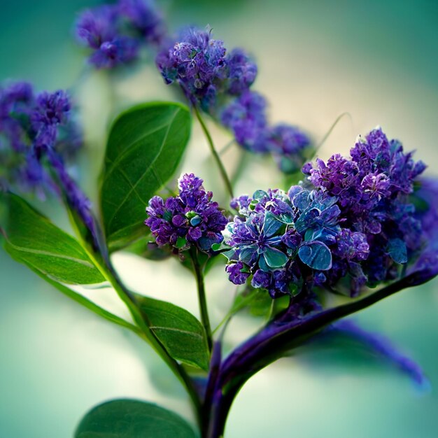 Purple and blue watercolor flowers with green stems and leaves