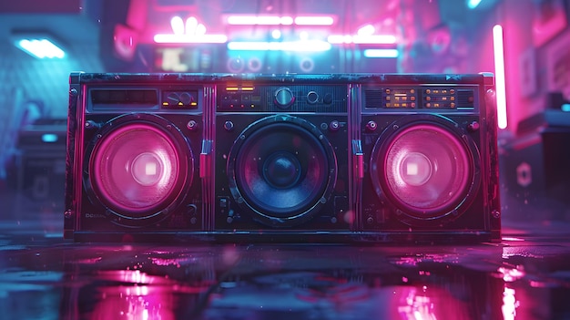 Purple boombox in dark room with magenta neon lights creating visual effects