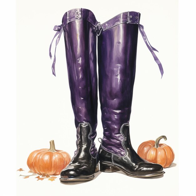 Photo purple boots with a purple bow and pumpkins on the ground generative ai