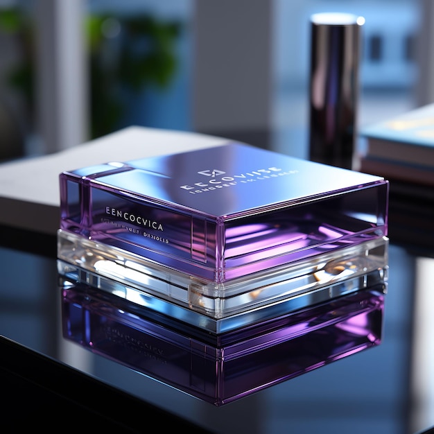 a purple bottle of perfume sits on a table.