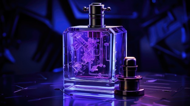 A purple bottle of perfume with a purple background.