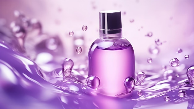 Purple bottle of perfume with water drops in the background