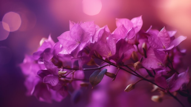 Purple bougainvillea flowers with bokeh lights on soft pink background