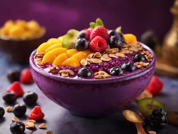 a purple bowl of fruit with berries and nuts on it.