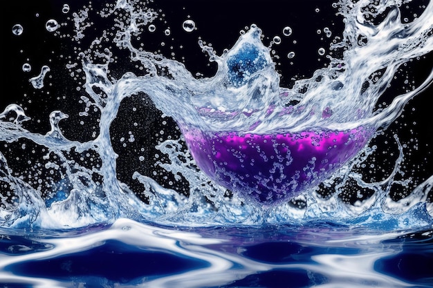 紫色のボウルが水の中に投げ込まれ、今まさに投げ込まれようとしています。