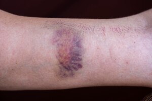Photo purple bruise on the skin on a woman hand