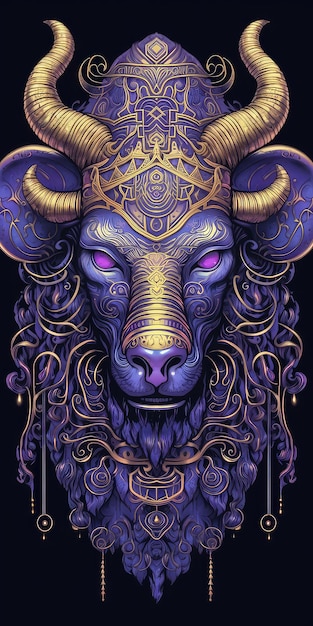 金の冠をかぶった紫色の雄牛