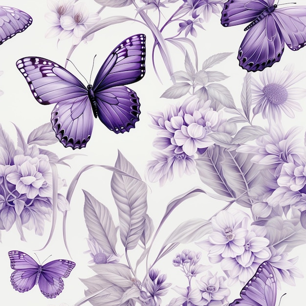 Purple butterflies and flowers on a white background with a white background generative ai