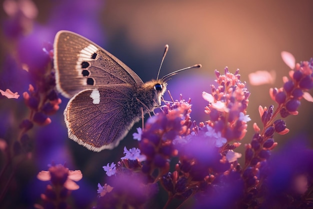 A purple butterfly flying over a field of purple flowers