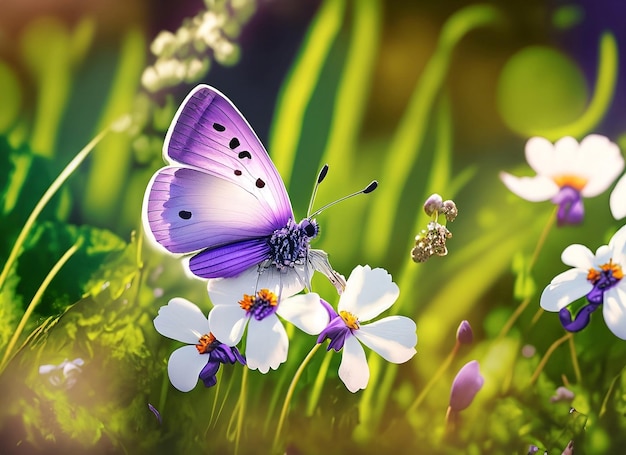 A purple butterfly is on a flower