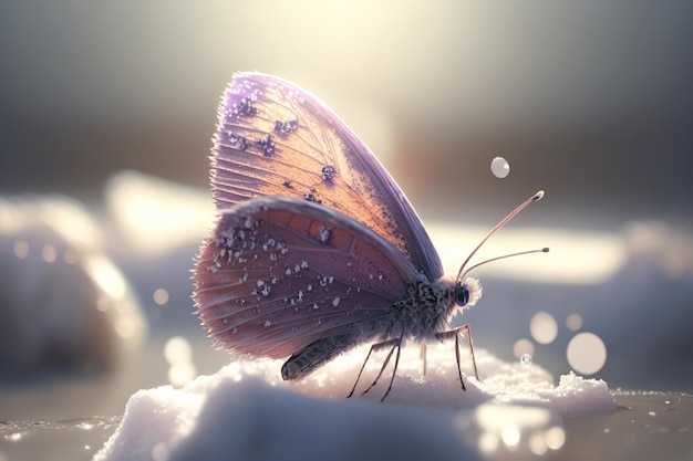 A purple butterfly sitting on top of snow covered ground, blurred and dreamy illustration.