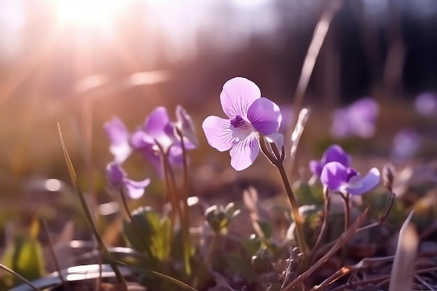 Фиолетовая бабочка на диких белых фиолетовых цветках в пастбищах