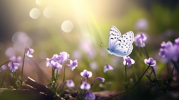 Photo purple butterfly on wild white violets