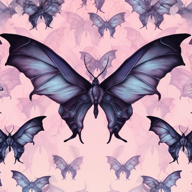 a purple butterfly with purple and blue wings on a pink background.