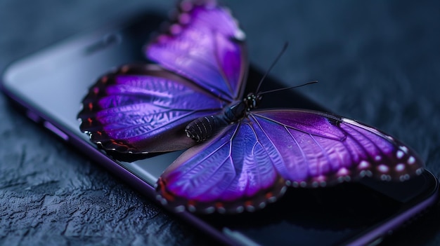 a purple butterfly with purple wings sits on a cell phone
