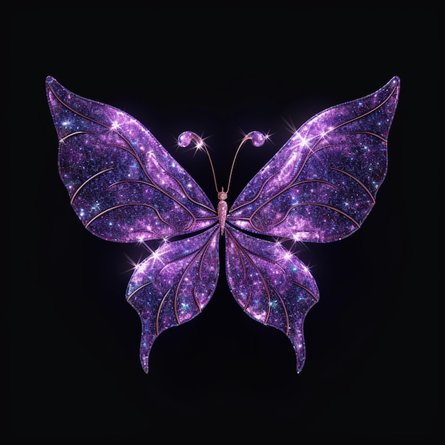 Purple butterfly with sparkling wings on a black background generative ai