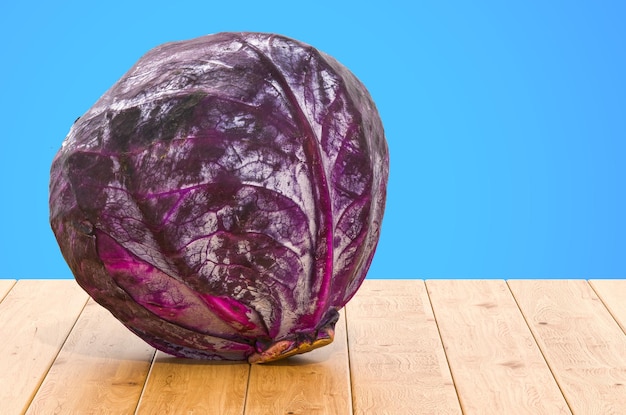 Purple cabbage 3d rendering with realistic texture on the wooden table