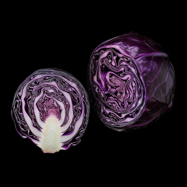 Photo a purple cabbage cut in half on a black background