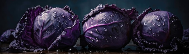Фиолетовые капусты с каплями, стоящие на белом матовом фоне Панорамный баннер Генеративный AI