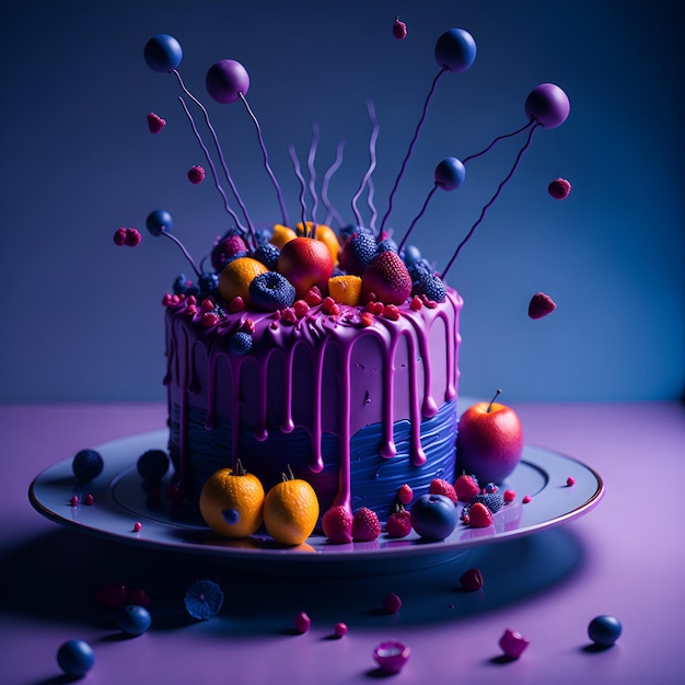 A purple cake with blue and purple icing and fruits on top.