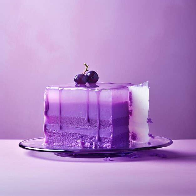 Purple cake with a cherry on top on a plate generative ai