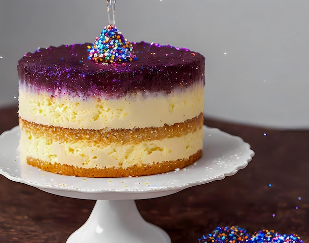 A purple cake with purple and white frosting and a purple layer with the word cake on it.