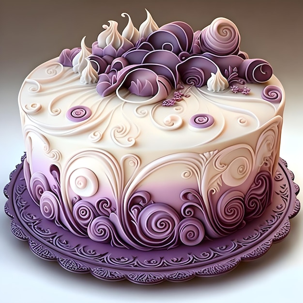 A purple cake with swirls and swirls on the top.