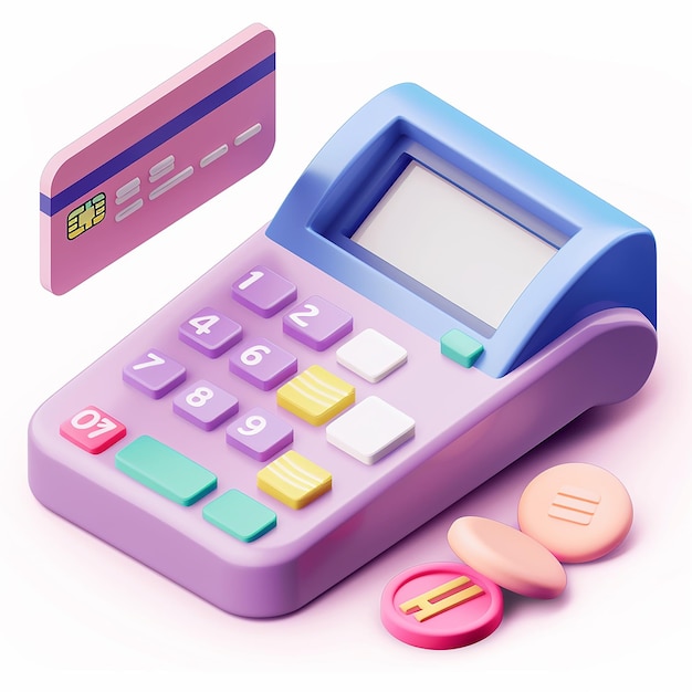 a purple calculator with a pink and blue top and buttons on it