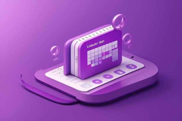 Foto interfaccia utente del sito web del concetto di notifica promemoria dell'icona di ricerca dell'orologio del calendario viola su sfondo viola 3d