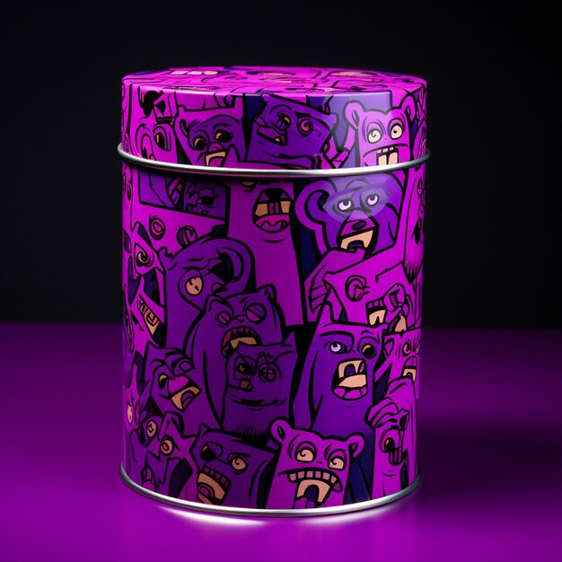 purple can with lots of cartoon grizzly pictures