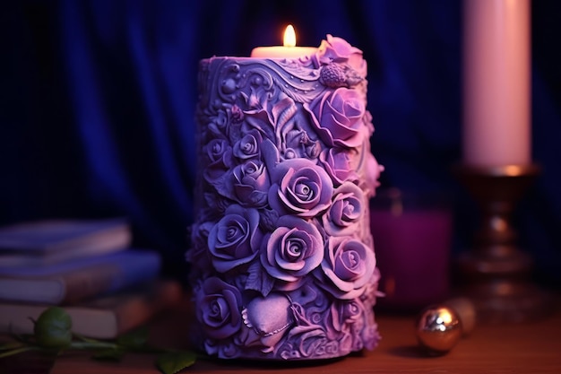 A purple candle with roses on it