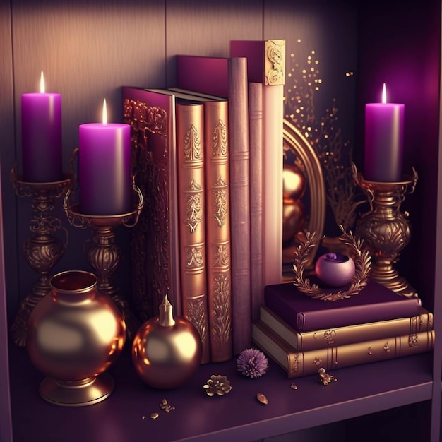 装飾品と装飾品が付いている棚の上の紫色のキャンドルと本生成ai